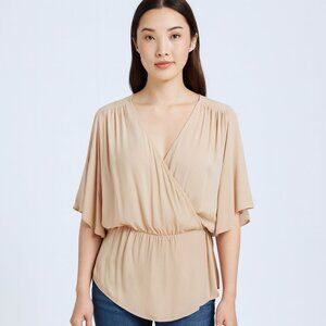 MNG Mango | Short Sleeve Lightweight Peach Pink Surplice Blouse | Size 6